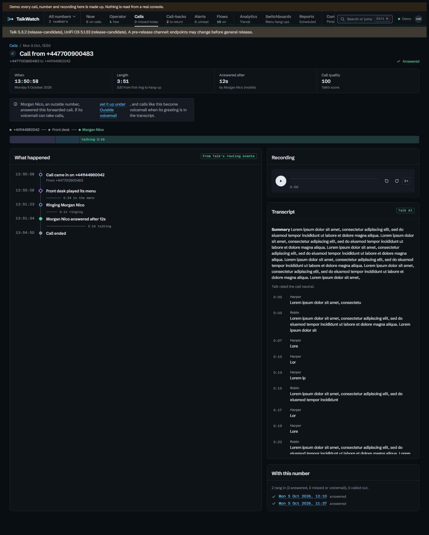 A call's page: the route it took, each step timed, then its recording and transcript